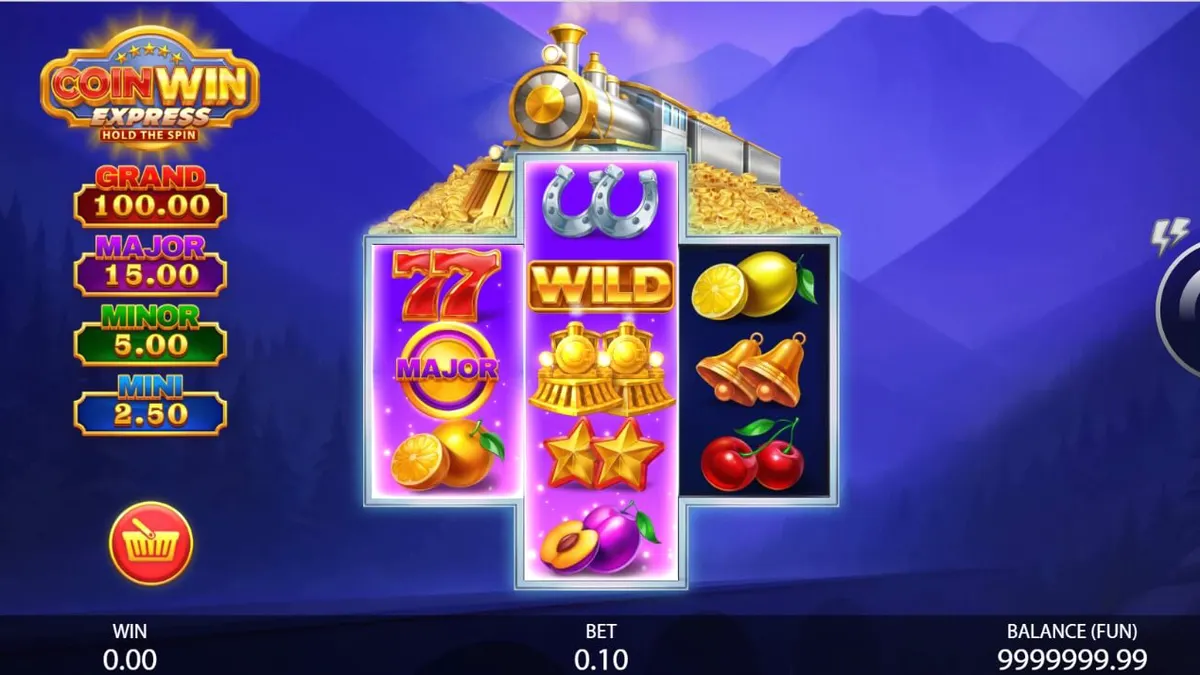 Locomotiva dourada e símbolos clássicos de frutas no slot Coin Win Express