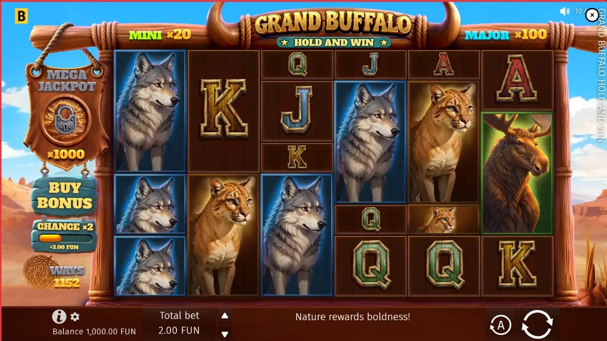 Cenário de deserto e búfalos no slot Grand Buffalo Hold & Win