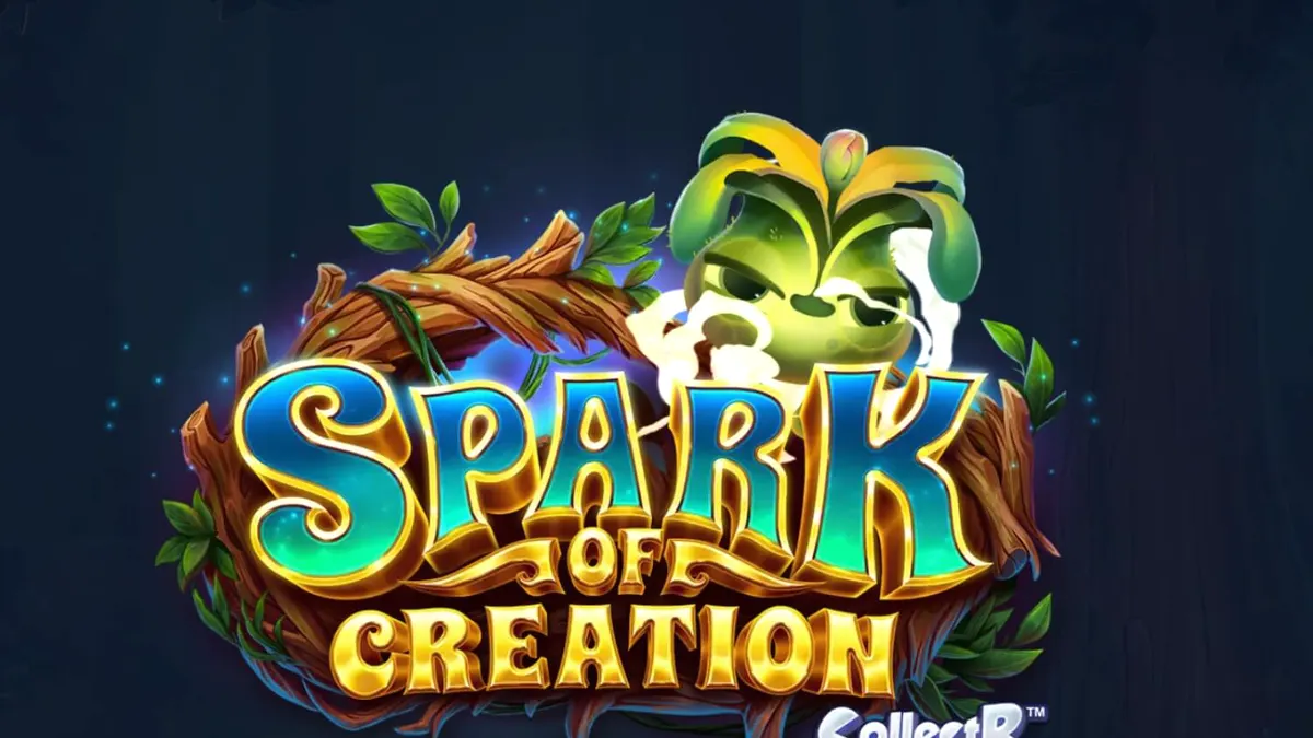 Interface vibrante do slot Spark of Creation com criaturas elementais e grade de jogo 5x6