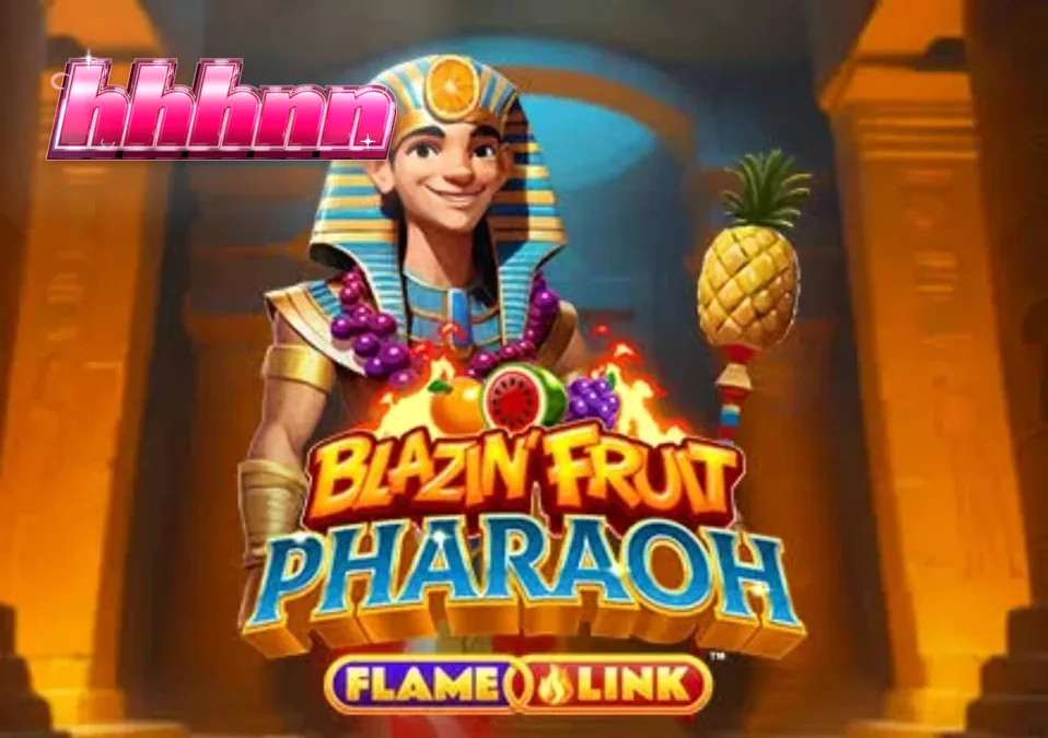 Interface vibrante do slot Blazin’ Fruit Pharaoh FlameLink com símbolos de frutas e elementos egípcios